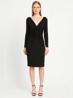 St. John Caviar Black Ruched Knit Dress 
Quiet Luxury Designer Cocktail Midi